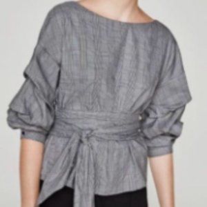 Zara Checked Wrap Blouse with Puffy Sleeves Size XS
